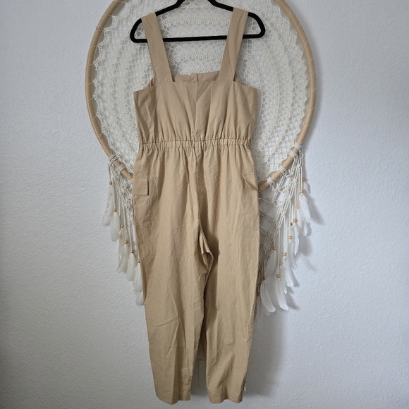 ZARA Poplin Cargo Overall Jumpsuit Tan Color Size Medium - Picture 10 of 13